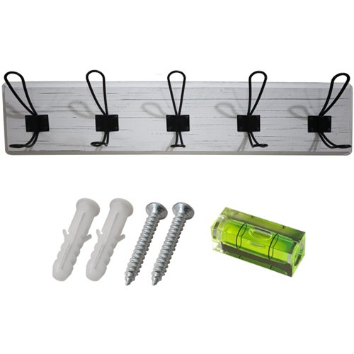 Rustic Wall Mounted 24&quot (610mm) Coat Rack with 5 Rustic Hooks Solid Pine Wood Whitewash | Stalwart DA-GWA314