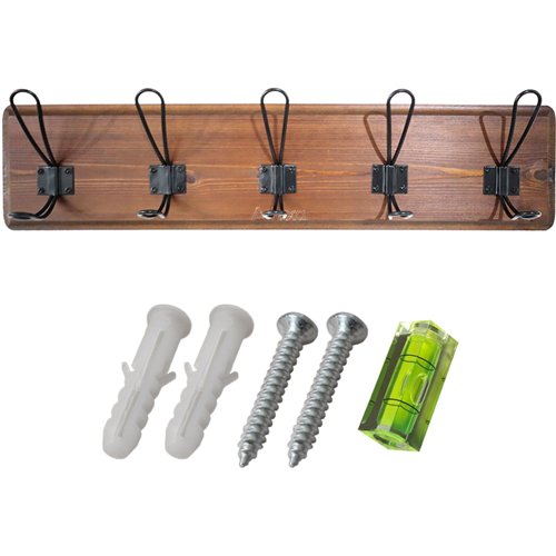 Rustic Wall Mounted 24&quot (610mm) Coat Rack with 5 Rustic Hooks Solid Pine Wood Brown | Stalwart DA-GWA318