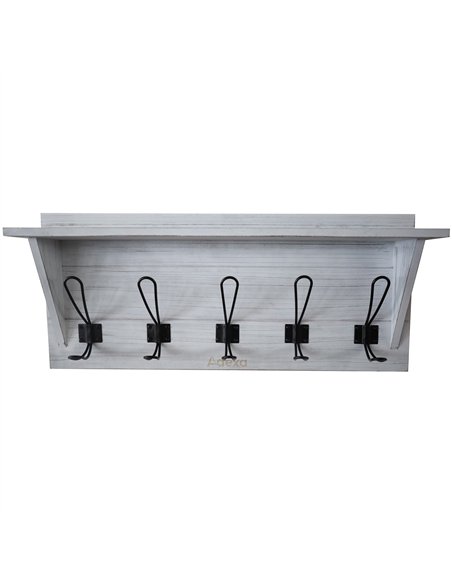 Rustic Wall Mounted 24&quot (610mm) Coat Rack Shelf with 5 Rustic Hooks Solid Pine Wood Whitewash | Stalwart DA-GWA320