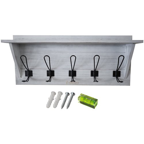 Rustic Wall Mounted 24&quot (610mm) Coat Rack Shelf with 5 Rustic Hooks Solid Pine Wood Whitewash | Stalwart DA-GWA320