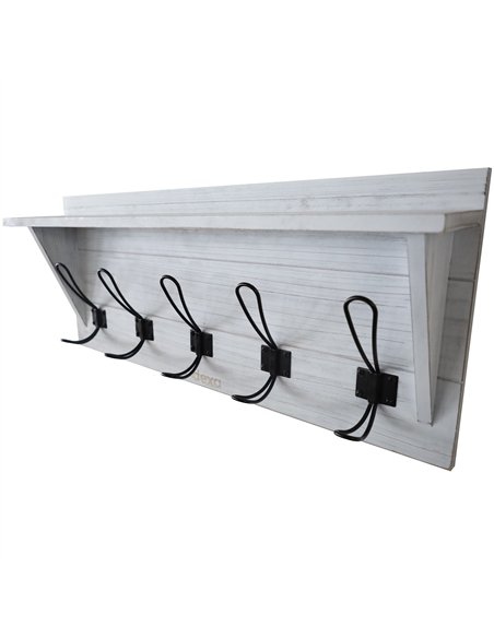 Rustic Wall Mounted 24&quot (610mm) Coat Rack Shelf with 5 Rustic Hooks Solid Pine Wood Whitewash | Stalwart DA-GWA320
