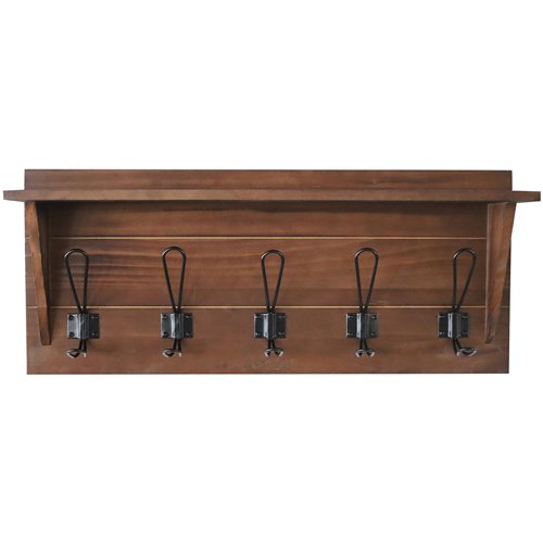 Rustic Wall Mounted 24&quot (610mm) Coat Rack Shelf with 5 Rustic Hooks Solid Pine Wood Brown | Stalwart DA-GWA322