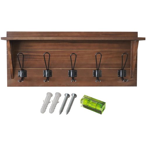Rustic Wall Mounted 24&quot (610mm) Coat Rack Shelf with 5 Rustic Hooks Solid Pine Wood Brown | Stalwart DA-GWA322