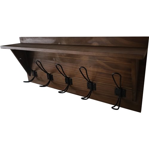 Rustic Wall Mounted 24&quot (610mm) Coat Rack Shelf with 5 Rustic Hooks Solid Pine Wood Brown | Stalwart DA-GWA322