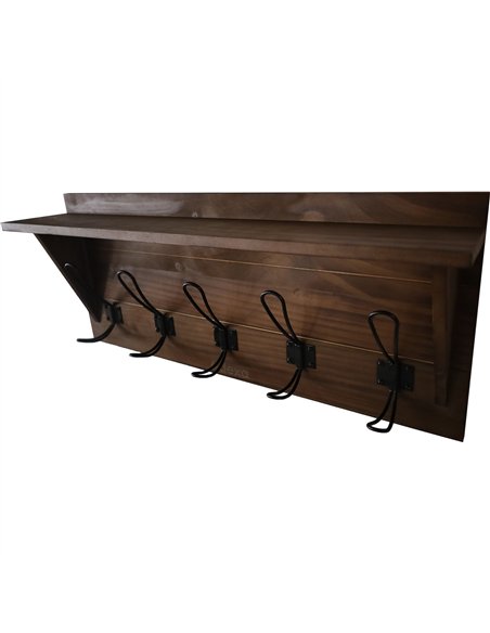 Rustic Wall Mounted 24&quot (610mm) Coat Rack Shelf with 5 Rustic Hooks Solid Pine Wood Brown | Stalwart DA-GWA322