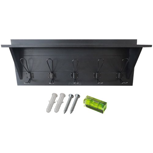 Rustic Wall Mounted 24&quot (610mm) Coat Rack Shelf with 5 Rustic Hooks Solid Pine Wood Black | Stalwart DA-GWA324