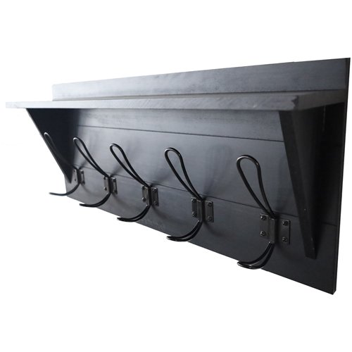 Rustic Wall Mounted 24&quot (610mm) Coat Rack Shelf with 5 Rustic Hooks Solid Pine Wood Black | Stalwart DA-GWA324