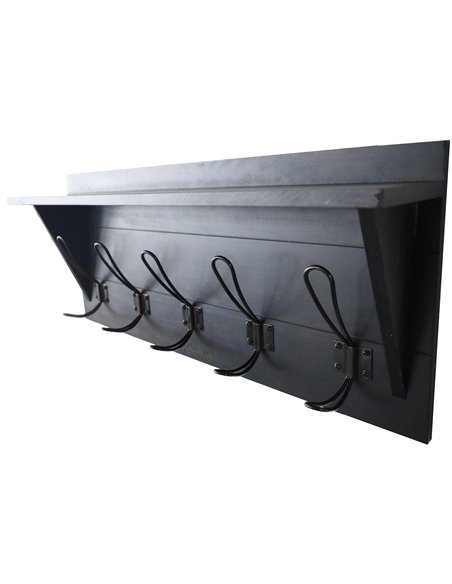 Rustic Wall Mounted 24&quot (610mm) Coat Rack Shelf with 5 Rustic Hooks Solid Pine Wood Black | Stalwart DA-GWA324