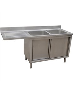 Stainless Steel Double Bowl Sink Unit with Left Drainer &amp Cabinet 1600×600×950mm | Stalwart DA-YLC166SBR2
