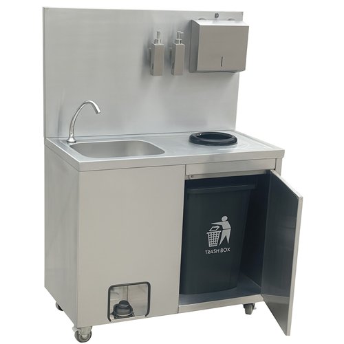 Mobile Stainless Steel Hygiene Station with Pedal Faucet &amp Waste Bin 1000x500x1350mm | Stalwart DA-YLSYT105