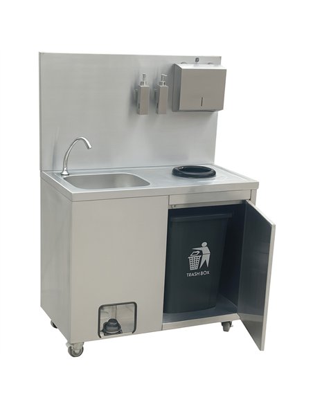 Mobile Stainless Steel Hygiene Station with Pedal Faucet &amp Waste Bin 1000x500x1350mm | Stalwart DA-YLSYT105