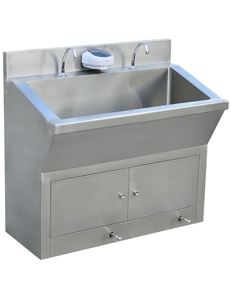Commercial Stainless Steel Double Scrub Sink with Pedal Controls &amp Dual Faucets 1200x600x1000mm | Stalwart DA-YYJT126