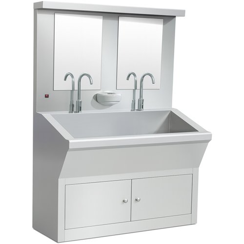 Commercial Stainless Steel Double Scrub Sink with Mirrors, Pedal Controls &amp Dual Faucets 1200x600x1800mm | Stalwart DA-YYKY12