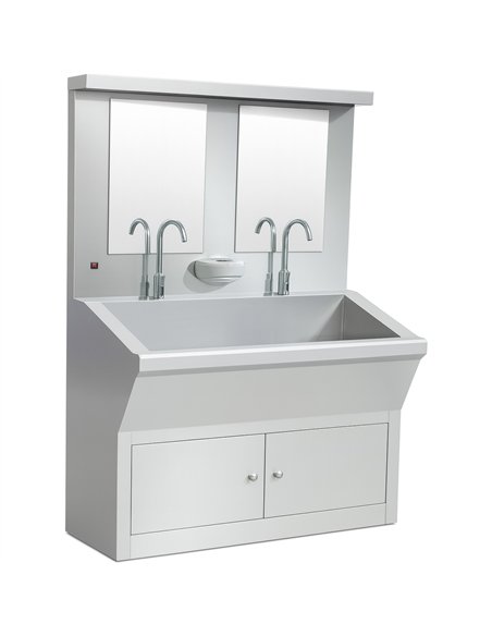 Commercial Stainless Steel Double Scrub Sink with Mirrors, Pedal Controls &amp Dual Faucets 1200x600x1800mm | Stalwart DA-YYKY12