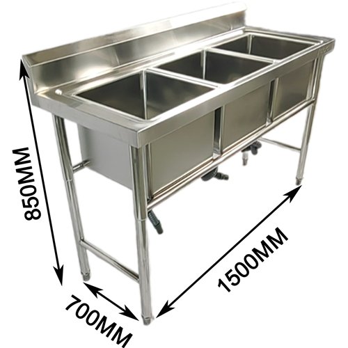 Commercial Stainless Steel Triple Sink with Splashback and Stand 1500x700x850mm | Stalwart DA-QNH706