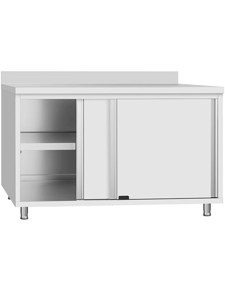Commercial Stainless Steel Sliding Door Work Table Cabinet with Shelf and Backsplash 800x600x950mm | Stalwart DA-QNH810