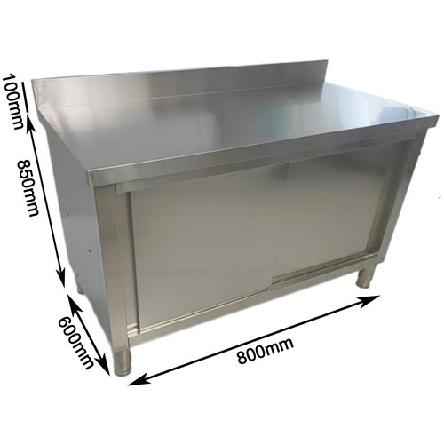 Commercial Stainless Steel Sliding Door Work Table Cabinet with Shelf and Backsplash 800x600x950mm | Stalwart DA-QNH810