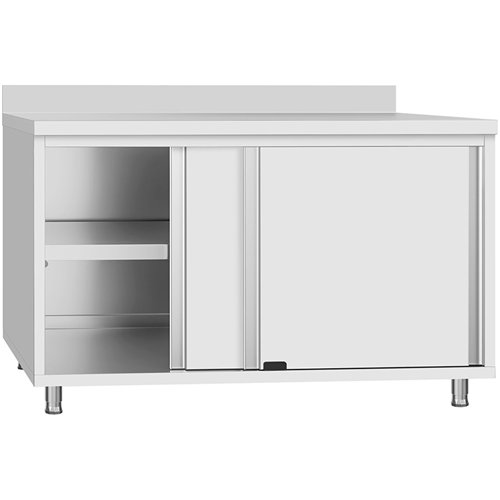 Commercial Stainless Steel Sliding Door Work Table Cabinet with Shelf and Backsplash 1400x600x950mm | Stalwart DA-QNH814