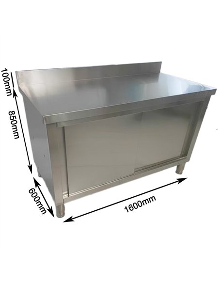 Commercial Stainless Steel Sliding Door Work Table Cabinet with Shelf and Backsplash 1600x600x950mm | Stalwart DA-QNH816