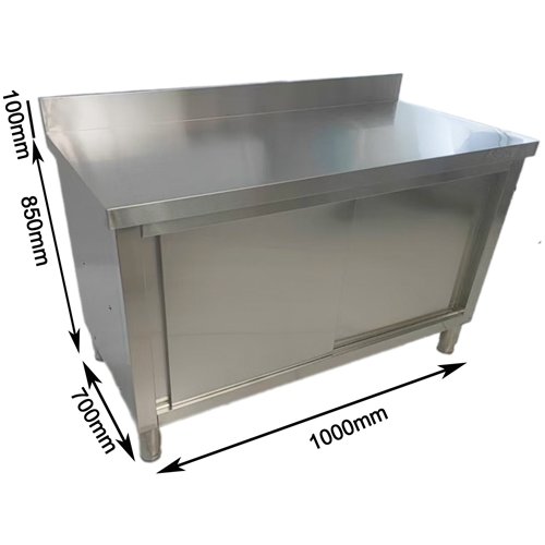 Commercial Stainless Steel Sliding Door Work Table Cabinet with Shelf and Backsplash 1000x700x950mm | Stalwart DA-QNH822