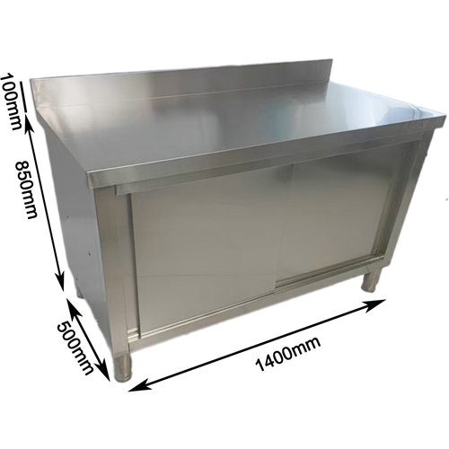 Commercial Stainless Steel Sliding Door Work Table Cabinet with Shelf and Backsplash 1400x500x950mm | Stalwart DA-QNH840