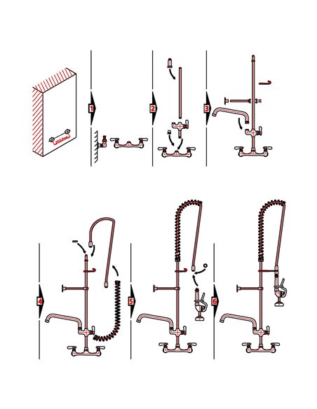 8&quot Center Wall Mounted Pre-Rinse Unit with Add-On Faucet &amp 18&quot Riser &amp 44&quot Hose &amp 12&quot Swing Spout |