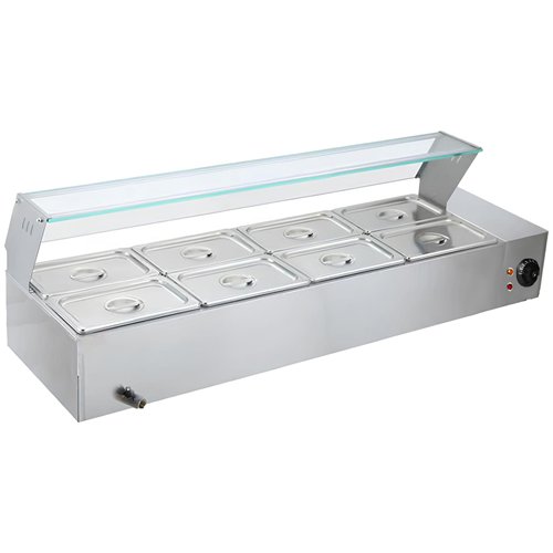 Commercial Stainless Steel Bain Marie with Glass Guard and 8 × 1/2 GN Pans &amp Lids 1430×570×385mm | Stalwart DA-M2224