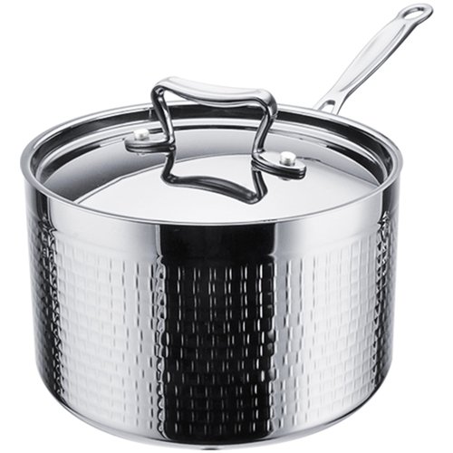 Hammered Triple-Layer Stainless Steel Casserole with Long Handle ø220×75mm 2.8L Silver Finish | Stalwart DA-C0310026S