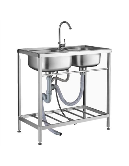 Commercial Stainless Steel Double-Bowl Sink with Undershelf 750×400×800mm | Stalwart DA-DNG302