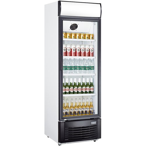 Commercial Bottle cooler Upright 430 litres Fan assisted cooling Hinged glass door Black/White Canopy light | Stalwart DA-LG430F