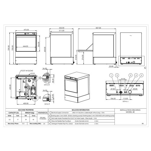 Commercial Undercounter Glasswasher with 400mm Basket and Rinse, Detergent &amp Drain Pump | Stalwart DA-EVW18 - MADE IN EUROPE