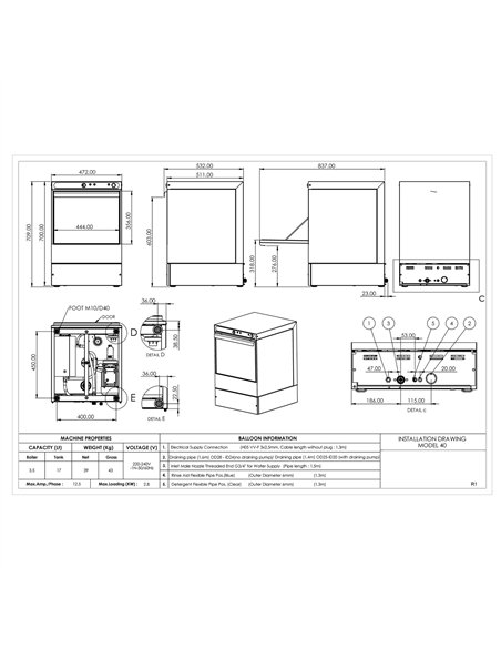 Commercial Undercounter Glasswasher with 400mm Basket and Rinse, Detergent &amp Drain Pump | Stalwart DA-EVW18 - MADE IN EUROPE