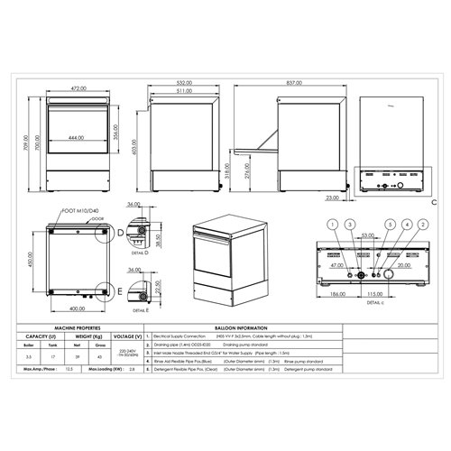 Commercial Undercounter Dishwasher with 400mm Basket and Rinse, Detergent &amp Drain Pump | Stalwart DA-EVW20 - MADE IN EUROPE