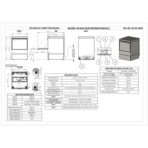 Commercial Undercounter Dishwasher with 500mm Basket and Rinse, Detergent &amp Drain Pump | Stalwart DA-EVW24 - MADE IN EUROPE