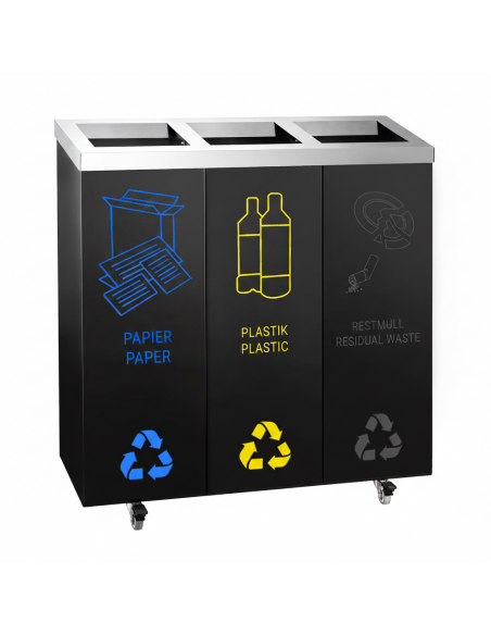 3 Bay Recycling Bin Station Easy Sorting 25ltr Each Mobile Waste Unit Castors