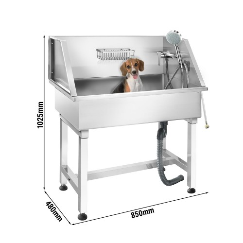 Pet Bath Sink Stainless Steel For Dogs & Pets 850×480×1076mm Tap, Hand Shower, Anti-Slip Mat, Splashback - Basket | Stalwart