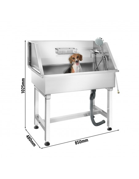 Pet Bath Sink Stainless Steel For Dogs & Pets 850×480×1076mm Tap, Hand Shower, Anti-Slip Mat, Splashback - Basket | Stalwart