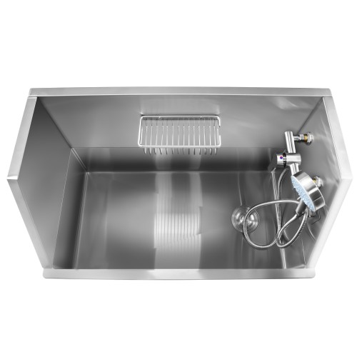 Pet Bath Sink Stainless Steel For Dogs & Pets 850×480×1076mm Tap, Hand Shower, Anti-Slip Mat, Splashback - Basket | Stalwart