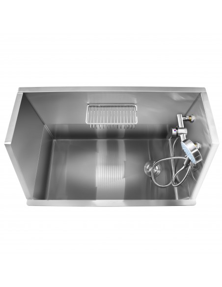 Pet Bath Sink Stainless Steel For Dogs & Pets 850×480×1076mm Tap, Hand Shower, Anti-Slip Mat, Splashback - Basket | Stalwart
