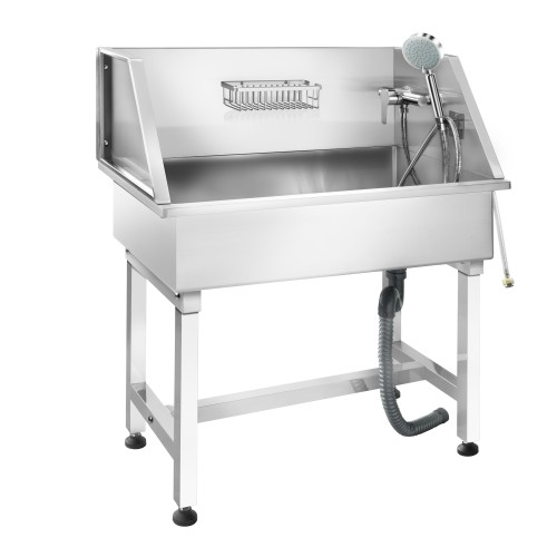 Pet Bath Sink Stainless Steel For Dogs & Pets 850×480×1076mm Tap, Hand Shower, Anti-Slip Mat, Splashback - Basket | Stalwart