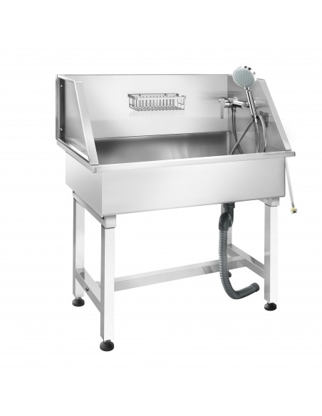 Pet Bath Sink Stainless Steel For Dogs & Pets 850×480×1076mm Tap, Hand Shower, Anti-Slip Mat, Splashback - Basket | Stalwart