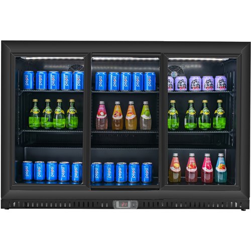 Back Bar Bottle Cooler 3 Sliding Doors 328 Litres 1350x520x900mm Black | Stalwart DA-BLUEINOX610