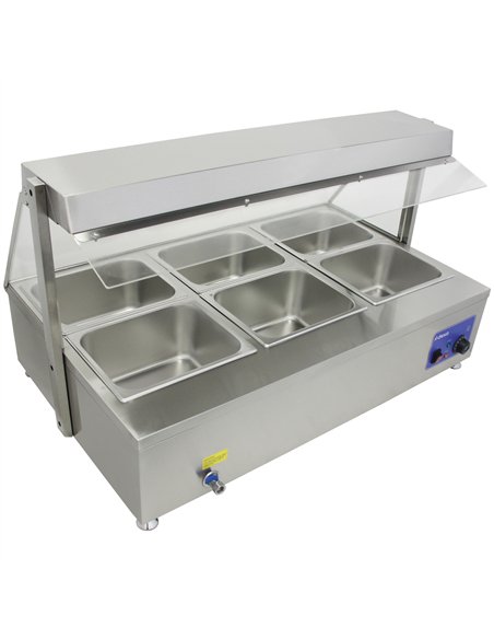 Countertop Bain Marie Display Unit with Heating Lamps 6×GN 1/2 Pans with Glass Cover 2900W| Stalwart DA-AHD6W