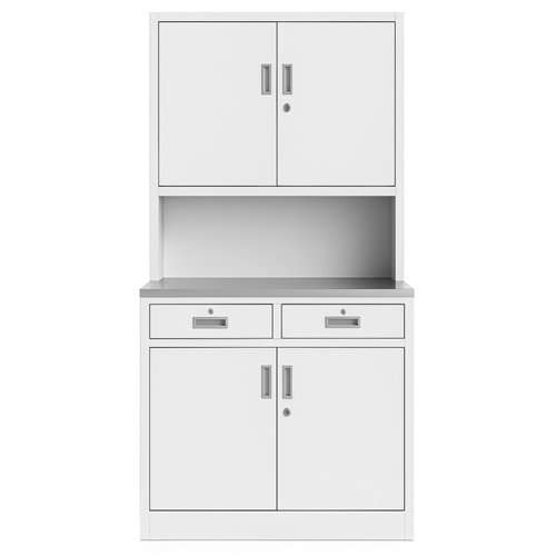 Heavy Duty Steel Upright Storage Cabinet with 4 Doors and 2 Drawers, 1850x900mm White | Stalwart DA-JYM1