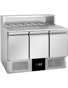 3 Door Stainless Steel Refrigerated Pizza / Saladette Prep Counter With Granite Top, 1365×700×970 mm | Stalwart DA-BLUEINOX38
