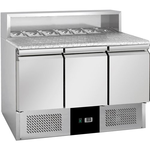 3 Door Stainless Steel Refrigerated Pizza / Saladette Prep Counter With Granite Top, 1365×700×970 mm | Stalwart DA-BLUEINOX38