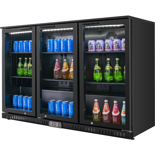 Back Bar Bottle Cooler 3 Hinged Doors 328 Litres 1350x520x900mm Black | Stalwart DA-BLUEINOX608