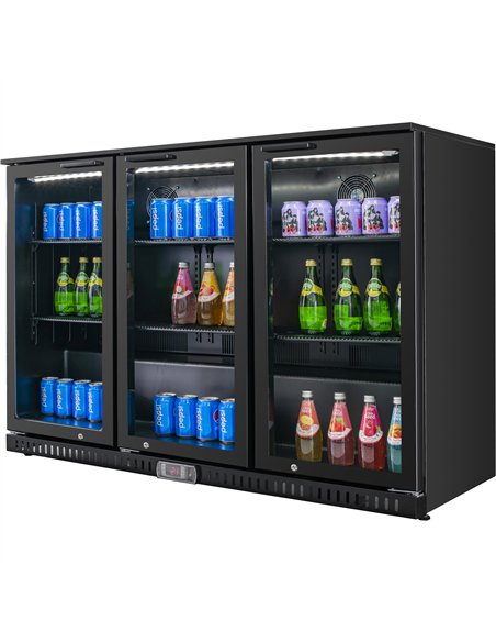 Back Bar Bottle Cooler 3 Hinged Doors 328 Litres 1350x520x900mm Black | Stalwart DA-BLUEINOX608