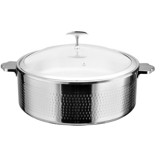 Hammered Tri‑Ply Stainless Steel 4.5L Casserole Φ320×H120mm with Glass Lid &amp Ceramic Food Pan – Silver Finish| Stalwart DA-E0