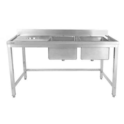 Commercial Stainless Steel Double Sink with 2 Right Bowls &amp Left Scrapping Hole + Splashback 1500x600x950mm | Stalwart DA-WHS